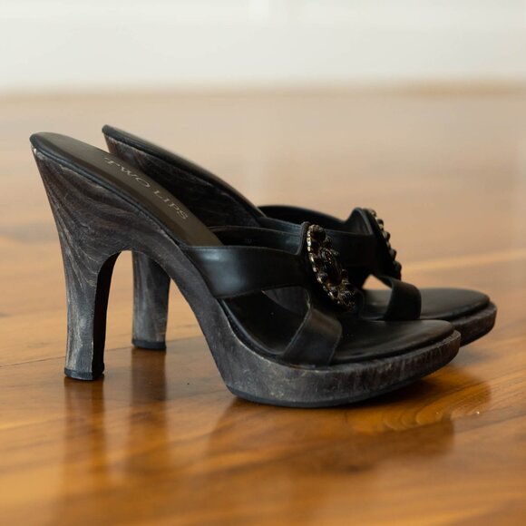 Two Lips Black Mule Heels, wome's slide on shoes, black cute mules - Picture 4 of 12